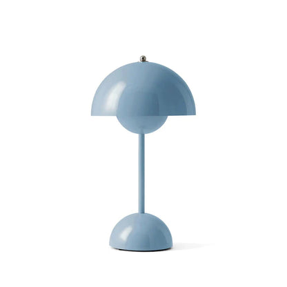 Flowerpot VP9 table lamp. Rechargeable mushroom table lamp. Verner Panton mushroom lamp in elegant blue