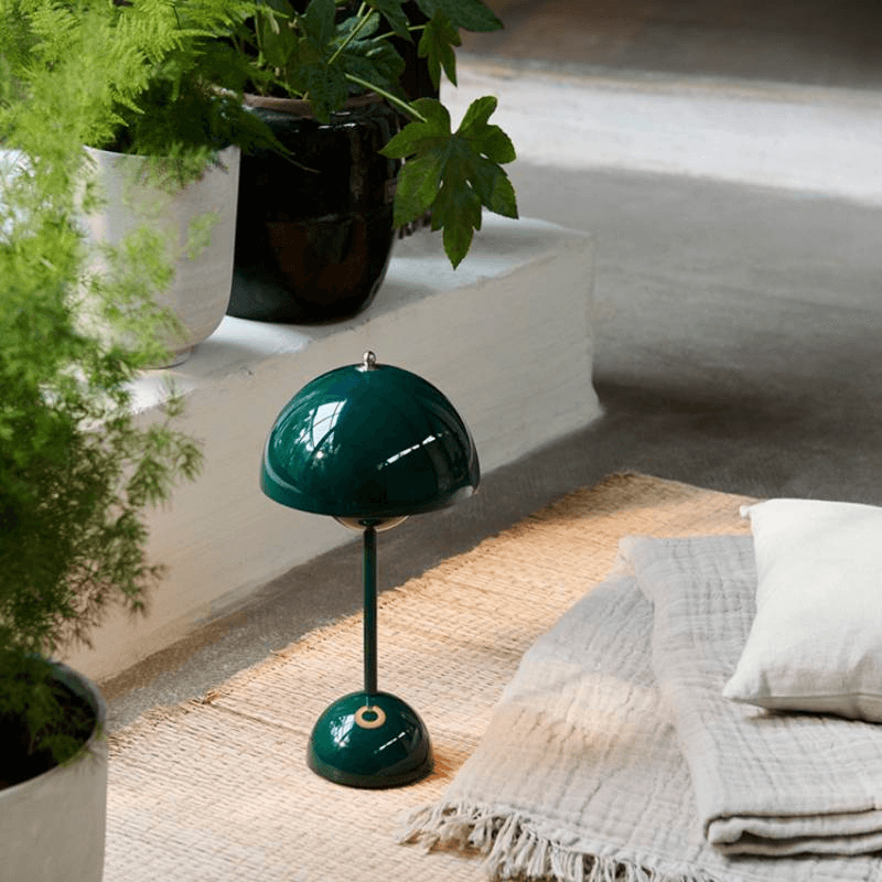 Flowerpot VP9 table lamp. Rechargeable mushroom table lamp. Verner Panton mushroom lamp in elegant green