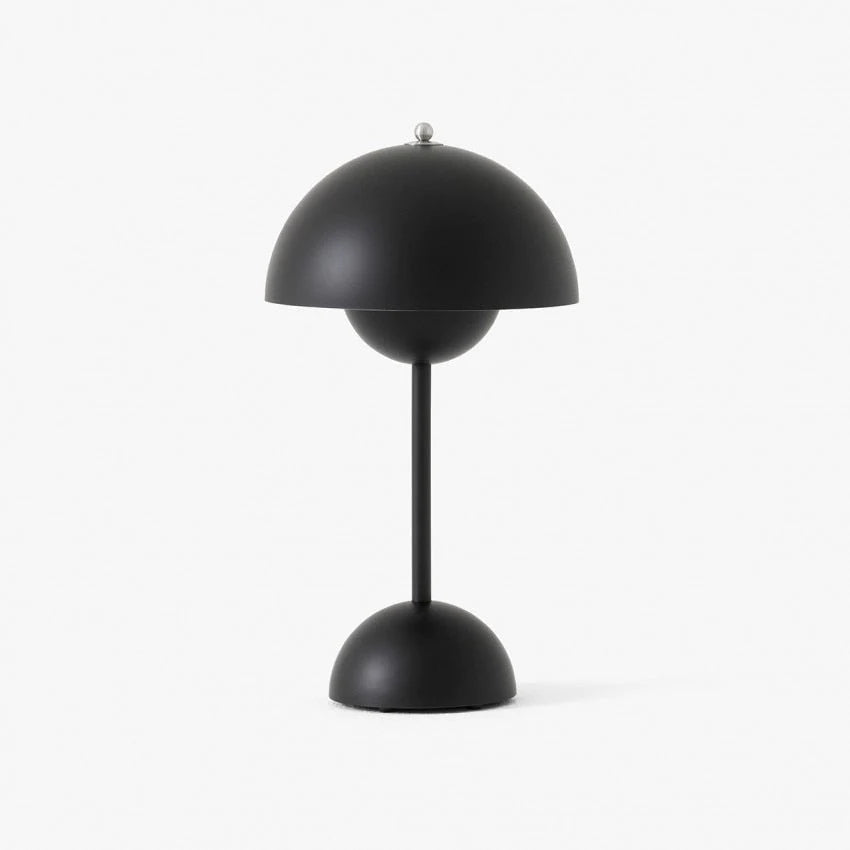 Flowerpot VP9 table lamp. Rechargeable mushroom table lamp. Verner Panton mushroom lamp in elegant black matte