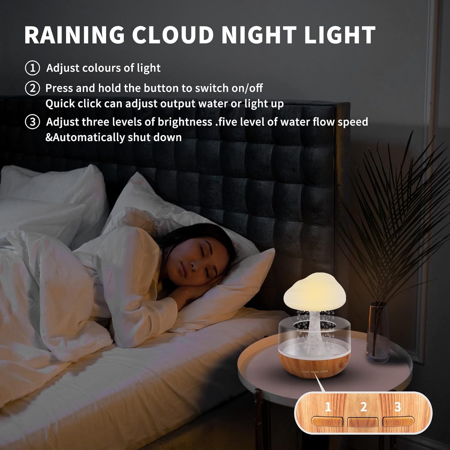 Raining cloud night light - mushroom lamp - drip drop - sleep well - bedside lamp - mushroom humidifier - essentialify