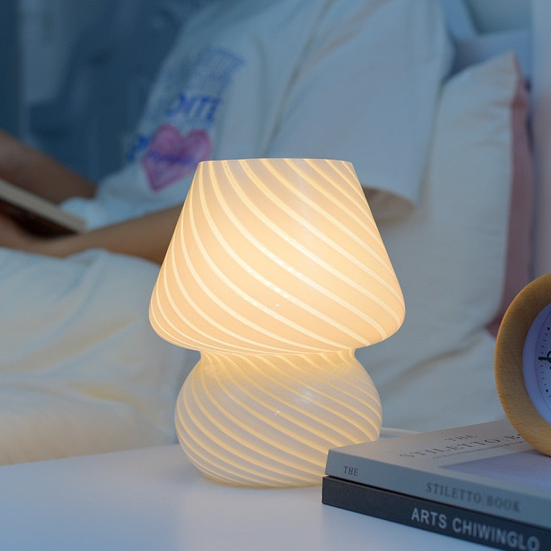 Mushroom Lamp Striped Glass LED Bed Desk Bedside Lamp