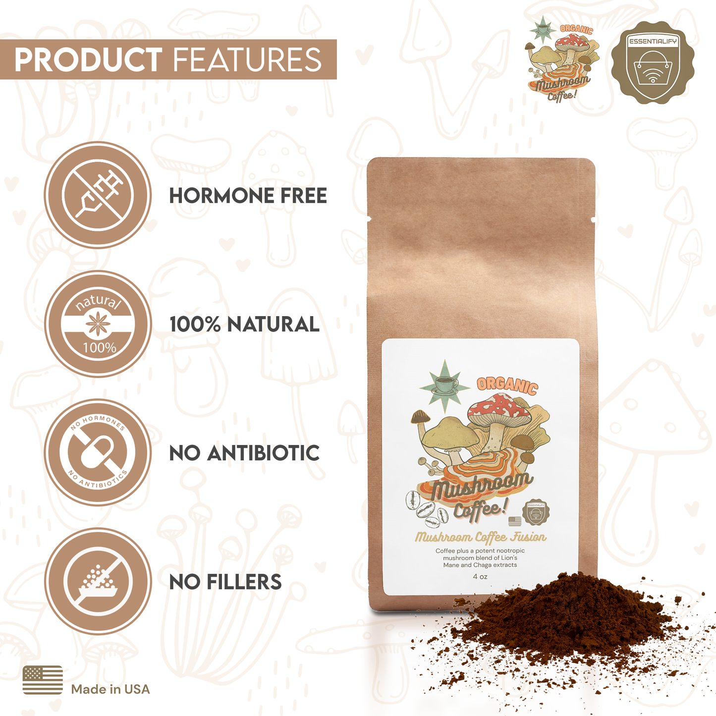 Mushroom Coffee Organic Superfood | Premium Lion's Mane & Chaga | Made in USA | 16oz