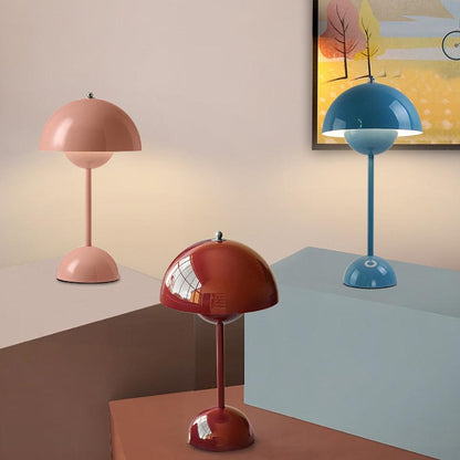 timeless danish design mushroom lamp in blue, red, pink colors